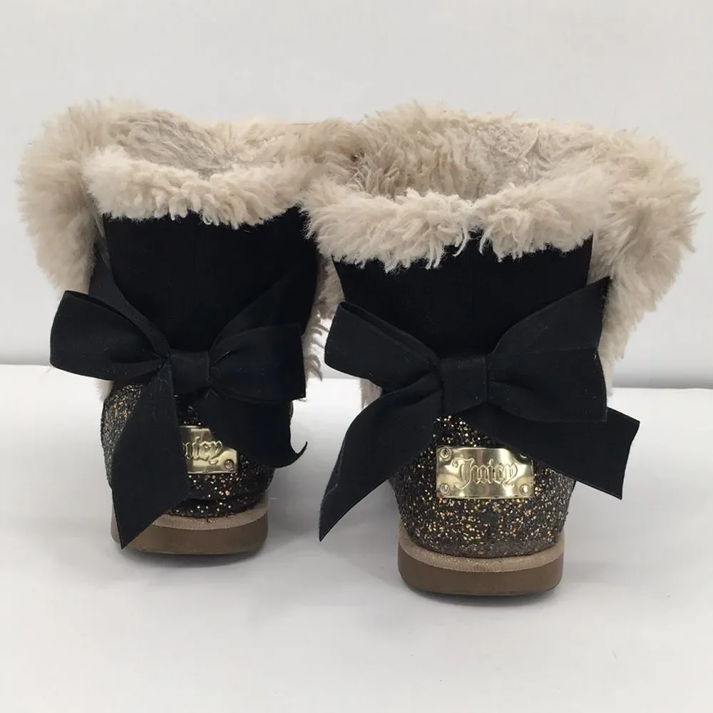 Juicy Couture Burbank Black Faux-Fur Trim Crystal-Embellished Winter Boots